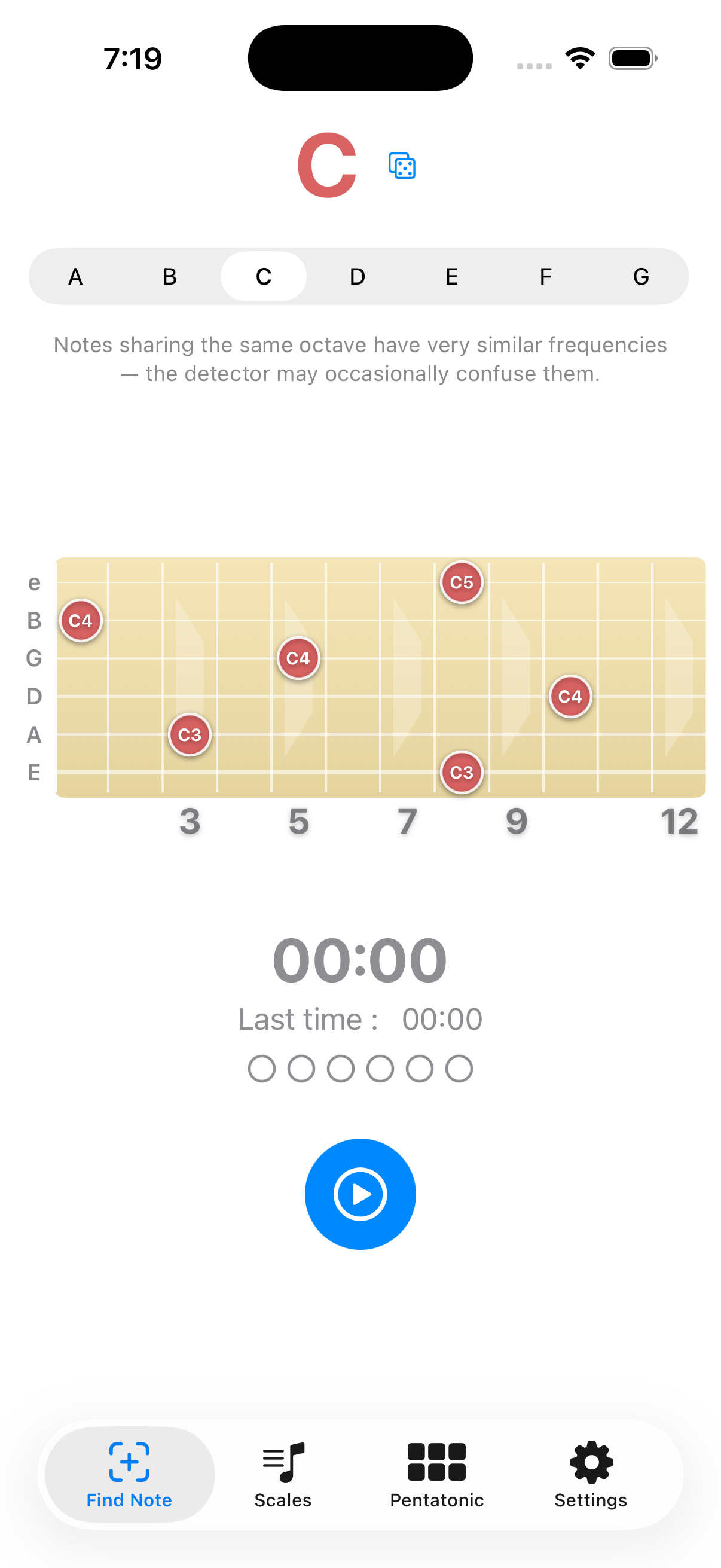 OneBeat Guitar Play Find Note exercise